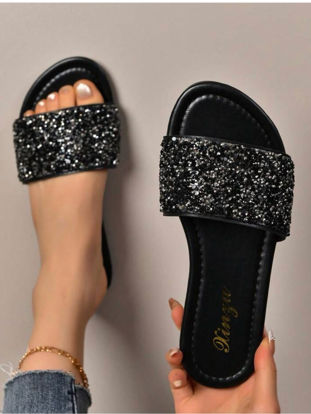 Women’s Black Glitter Slide Sandals